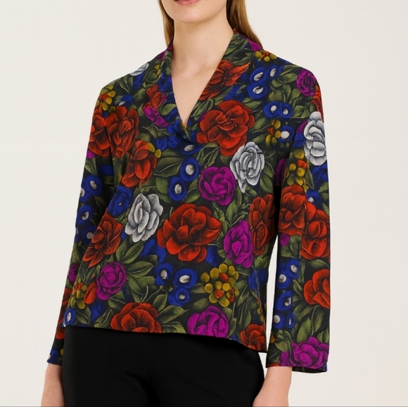 Martinique Floral Shawl Collar Pullover With Faux Button Font Gem Colors 8 - Picture 3 of 9